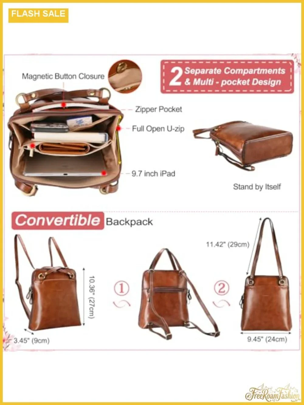 Vintage Leather Convertible Backpack Purse Women Travel Crossbody Sling Bag